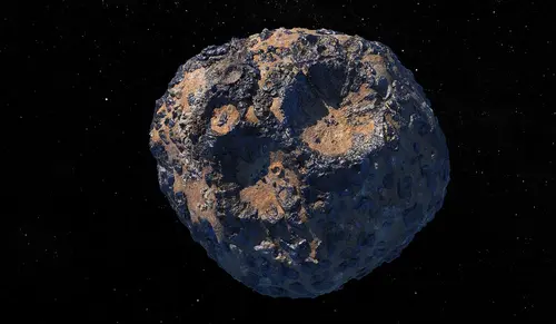 An artist’s illustration of a metal asteroid. (Credit: ASU/Peter Rubin)