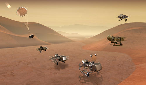 Dragonfly mission concept image of entry, descent, landing, surface operations, and flight on Titan. (Credit: Johns Hopkins APL)